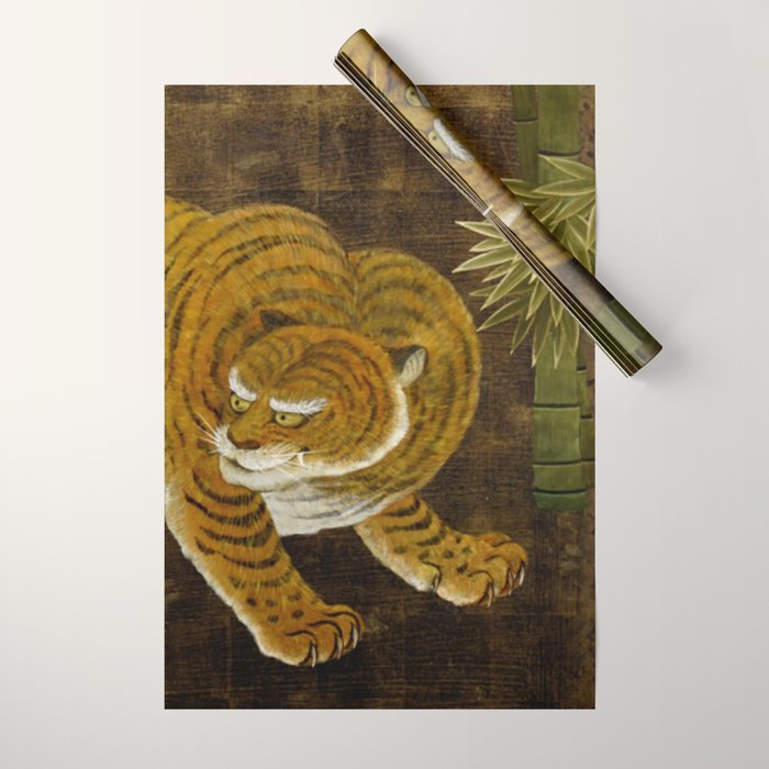 Japanese Tiger in Bamboo Grove Vintage Gold Leaf Screen Wrapping Paper Gallery Image 1