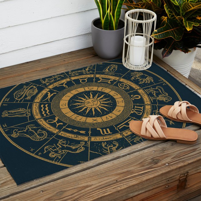 Vintage Zodiac & Astrology Chart | Royal Blue & Gold Outdoor Rug Gallery Image 2