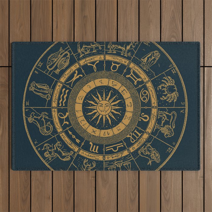 Vintage Zodiac & Astrology Chart | Royal Blue & Gold Outdoor Rug Gallery Image 1