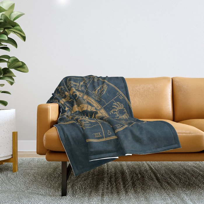Vintage Zodiac & Astrology Chart | Royal Blue & Gold Throw Blanket Gallery Image 1