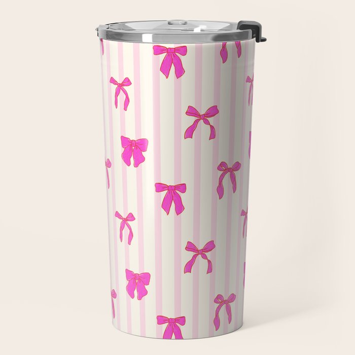 Classic Hot Pink Bows And Stripes Travel Mug Gallery Image 2