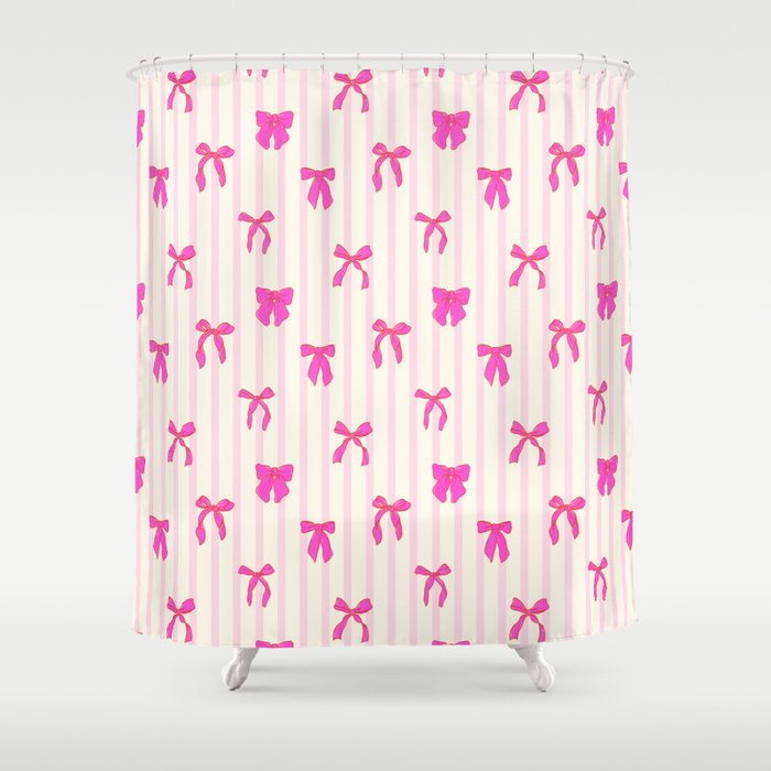 Classic Hot Pink Bows And Stripes Shower Curtain Gallery Image 1