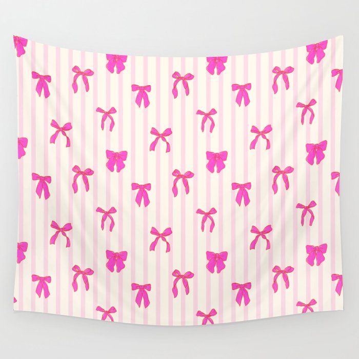 Classic Hot Pink Bows And Stripes Wall Tapestry Gallery Image 1