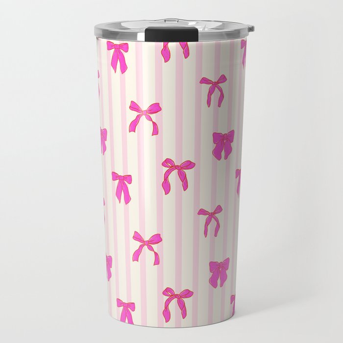 Classic Hot Pink Bows And Stripes Travel Mug Gallery Image 1