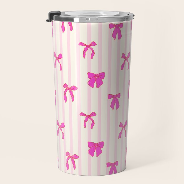 Classic Hot Pink Bows And Stripes Travel Mug Gallery Image 3