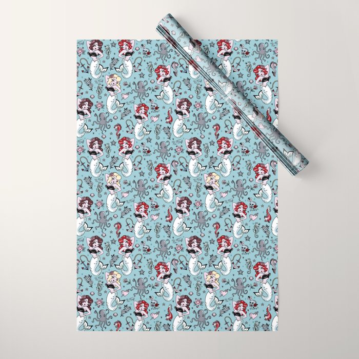 Molly Mermaid vintage pinup inspired nautical tattoo Wrapping Paper Gallery Image 1