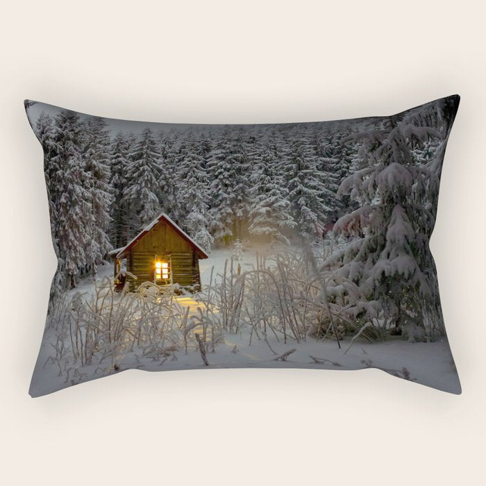 Tiny Cabin In The Winter Forest Snow Covered Pine Trees Rectangular Pillow Gallery Image 2