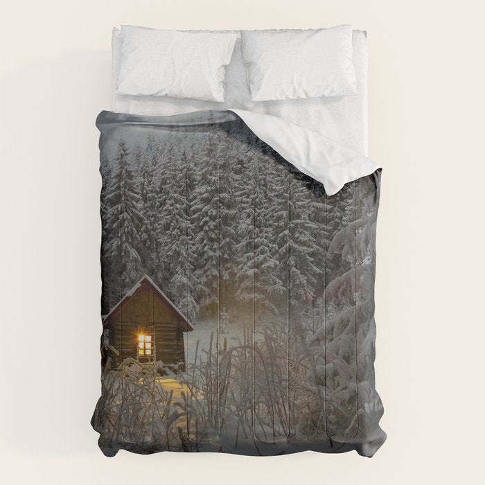 Tiny Cabin In The Winter Forest Snow Covered Pine Trees Comforter Gallery Image 1