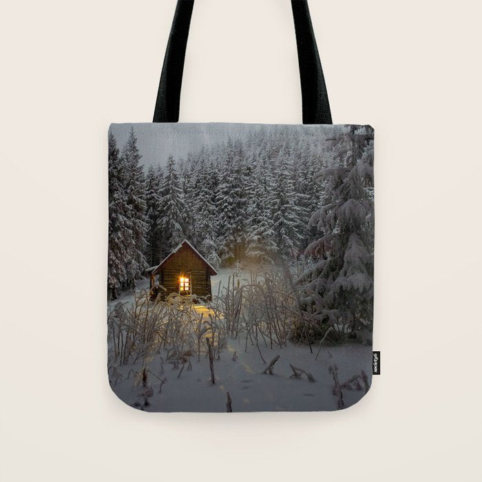Tiny Cabin In The Winter Forest Snow Covered Pine Trees Tote Bag Gallery Image 1