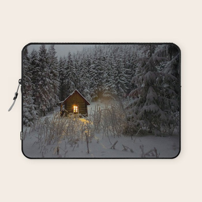 Tiny Cabin In The Winter Forest Snow Covered Pine Trees Laptop Sleeve Gallery Image 1