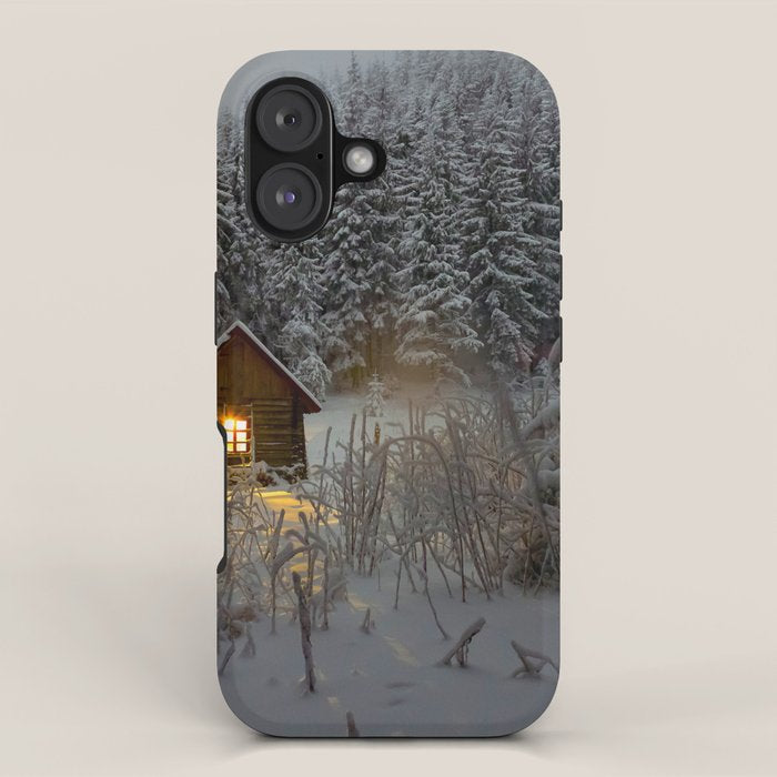 Tiny Cabin In The Winter Forest Snow Covered Pine Trees iPhone Case Gallery Image 1
