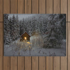 Tiny Cabin In The Winter Forest Snow Covered Pine Trees Outdoor Rug Gallery Image 1
