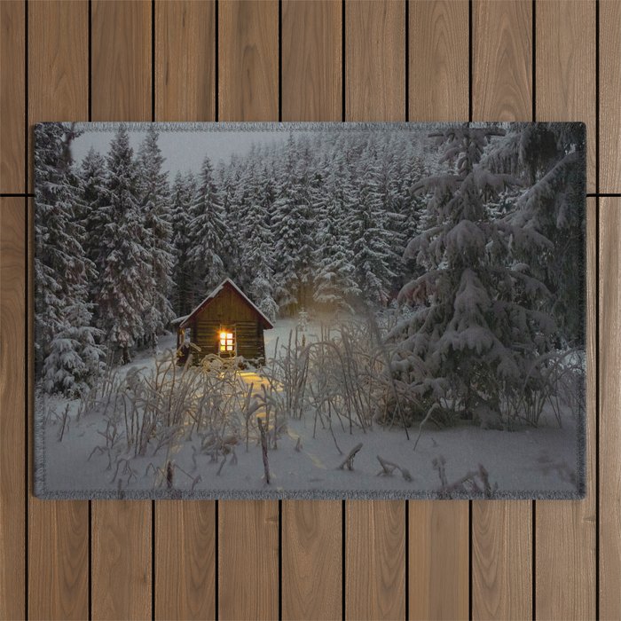 Tiny Cabin In The Winter Forest Snow Covered Pine Trees Outdoor Rug Gallery Image 1