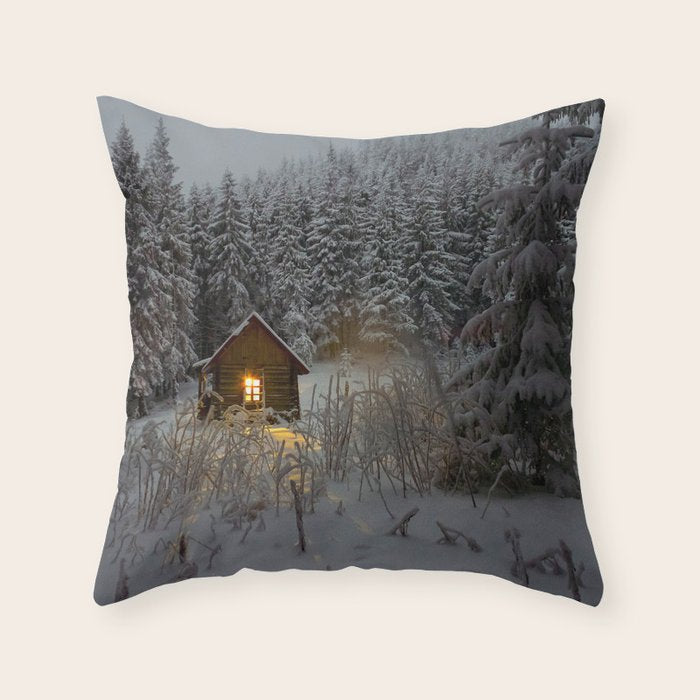Tiny Cabin In The Winter Forest Snow Covered Pine Trees Throw Pillow Gallery Image 1