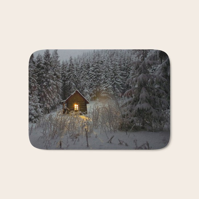 Tiny Cabin In The Winter Forest Snow Covered Pine Trees Bath Mat Gallery Image 1
