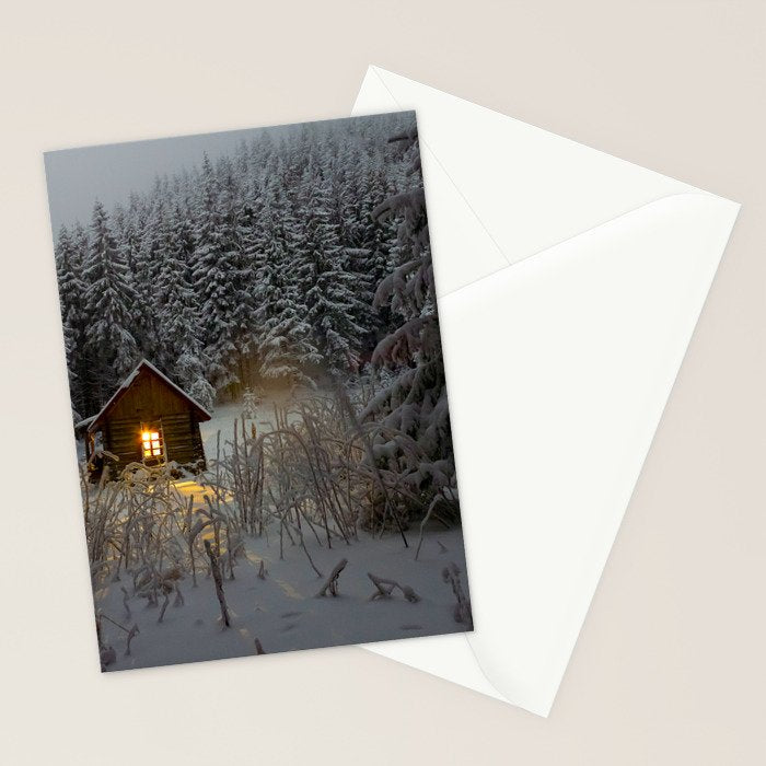 Tiny Cabin In The Winter Forest Snow Covered Pine Trees Stationery Card Gallery Image 2