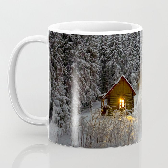 Tiny Cabin In The Winter Forest Snow Covered Pine Trees Coffee Mug Gallery Image 3