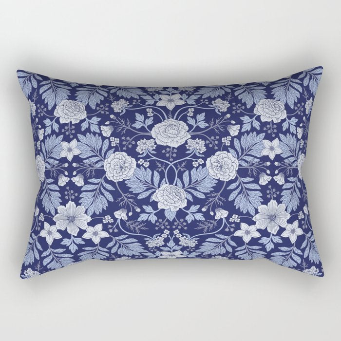 Light Blue, Cobalt Blue, & White Floral Pattern Rectangular Pillow Gallery Image 2