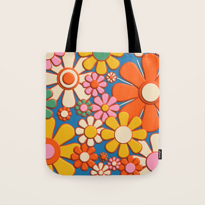 Flower Market London 1967 Colorful Retro Floral 60s Plastic-Look Tote Bag Gallery Image 1
