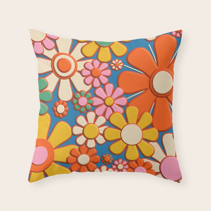 Flower Market London 1967 Colorful Retro Floral 60s Plastic-Look Throw Pillow Gallery Image 6