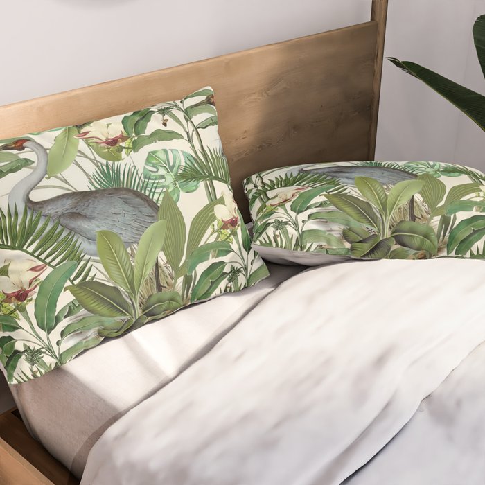 Tropical Heron Bird Rainforest Illustration Pillow Sham Gallery Image 2