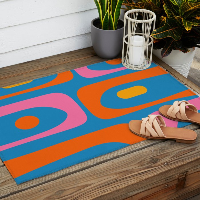 Mid Century Modern Piquet Abstract Blue Orange Pink Outdoor Rug Gallery Image 2