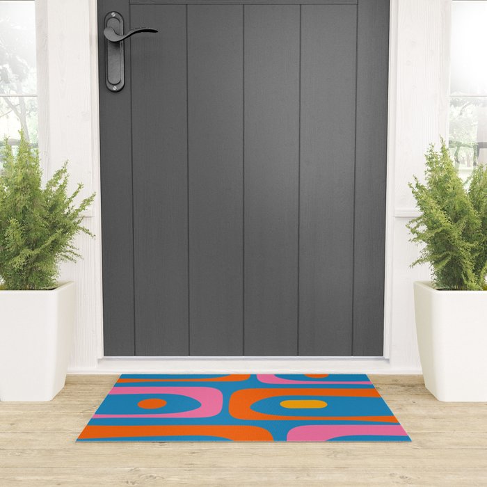 Mid Century Modern Piquet Abstract Blue Orange Pink Welcome Mat Gallery Image 3