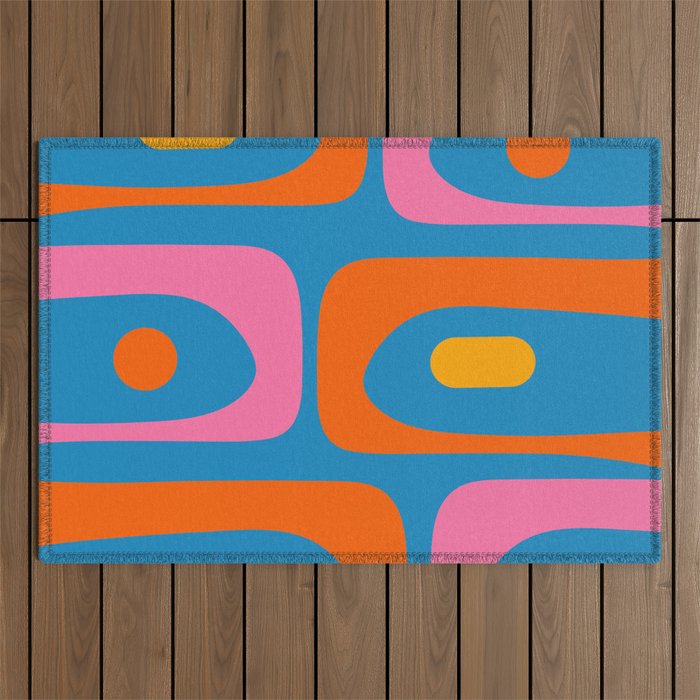 Mid Century Modern Piquet Abstract Blue Orange Pink Outdoor Rug Gallery Image 1