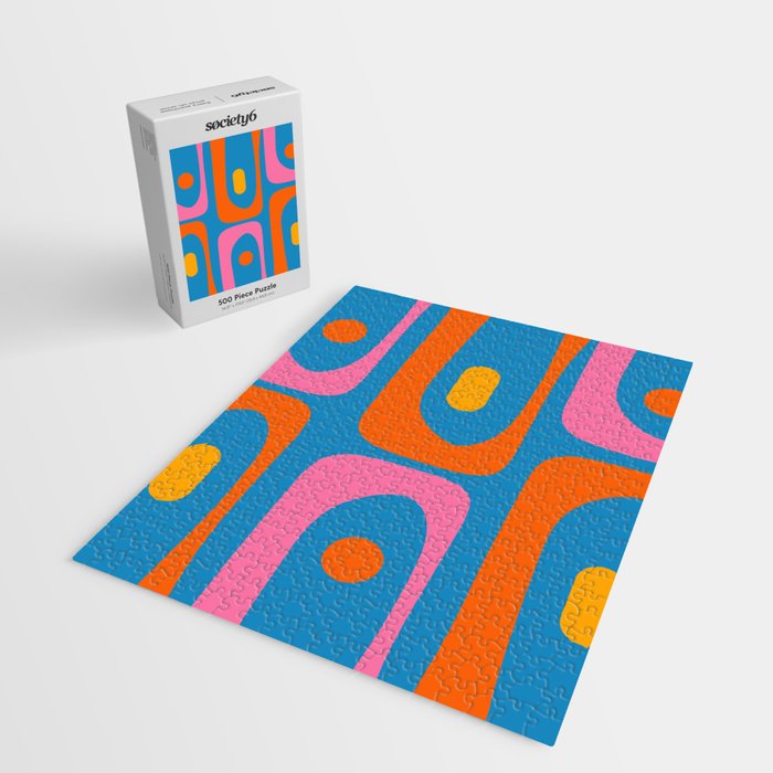 Mid Century Modern Piquet Abstract Blue Orange Pink Jigsaw Puzzle Gallery Image 2
