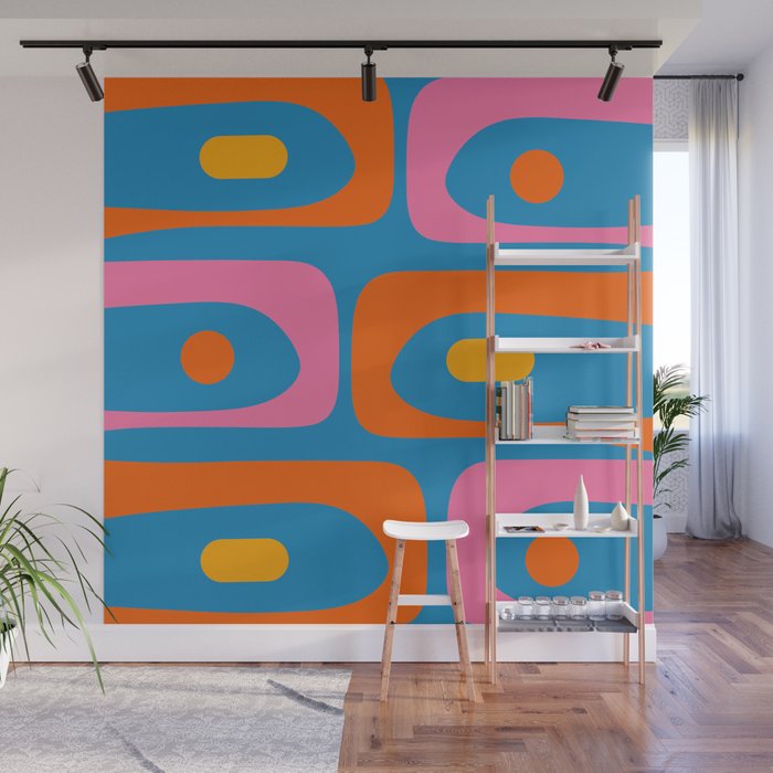 Mid Century Modern Piquet Abstract Blue Orange Pink Wall Mural Gallery Image 1
