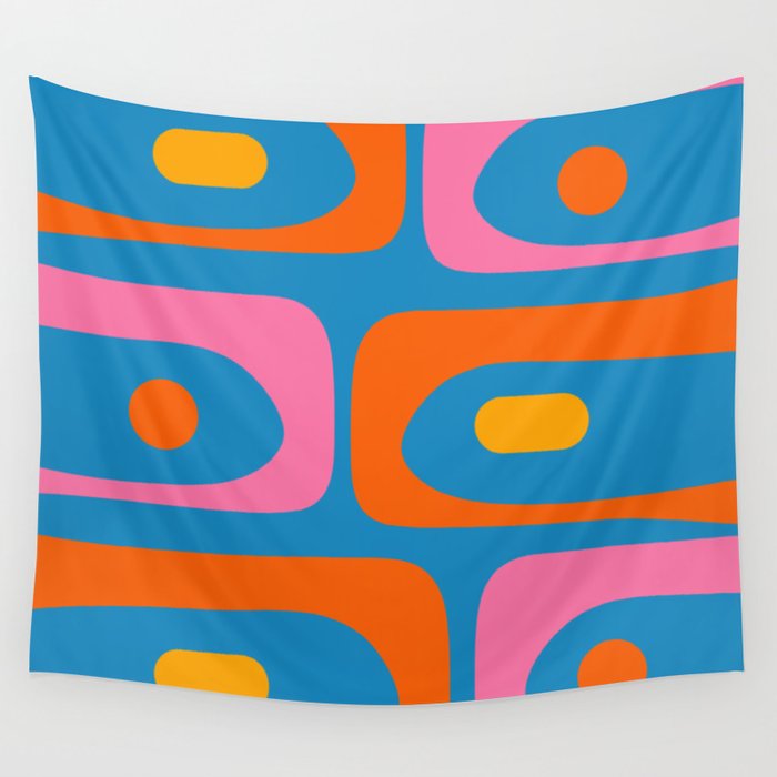 Mid Century Modern Piquet Abstract Blue Orange Pink Wall Tapestry Gallery Image 4