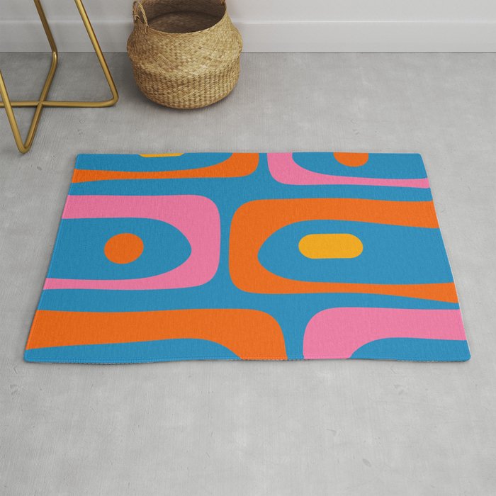 Mid Century Modern Piquet Abstract Blue Orange Pink Rug Gallery Image 1