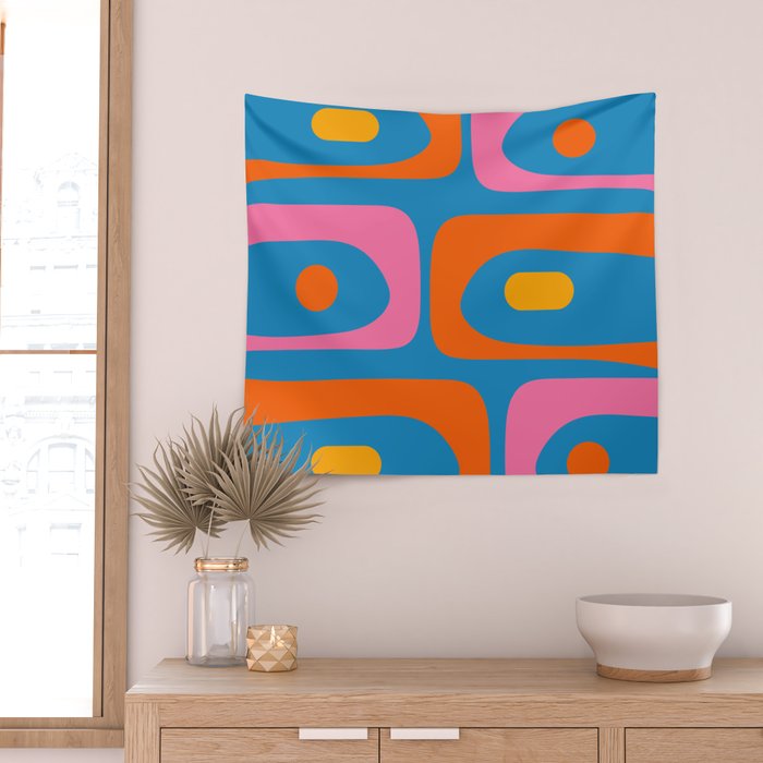 Mid Century Modern Piquet Abstract Blue Orange Pink Wall Tapestry Gallery Image 2