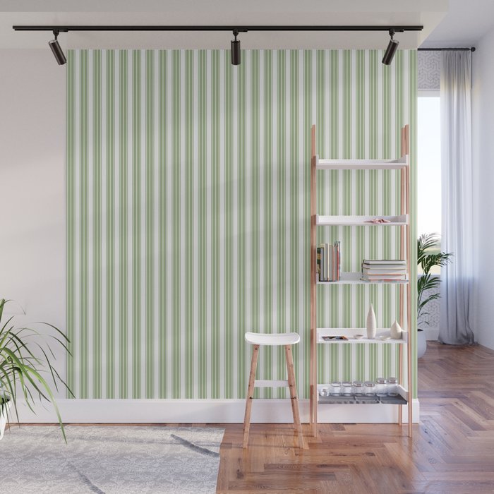 Vintage Cabana Stripe Pastel Sage Mint Green Retro Boho Coastal Beach Vibe Wall Mural Gallery Image 1