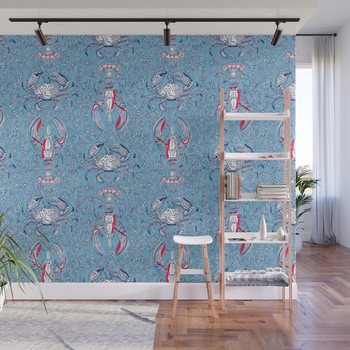 Lobster and crab coastal nostalgia summer blue Wall Mural Gallery Image 1