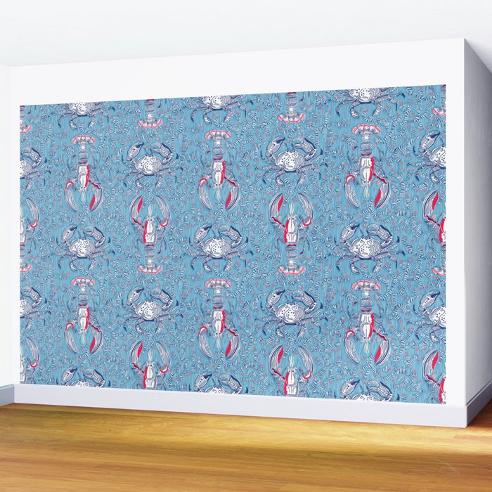 Lobster and crab coastal nostalgia summer blue Wall Mural Gallery Image 2