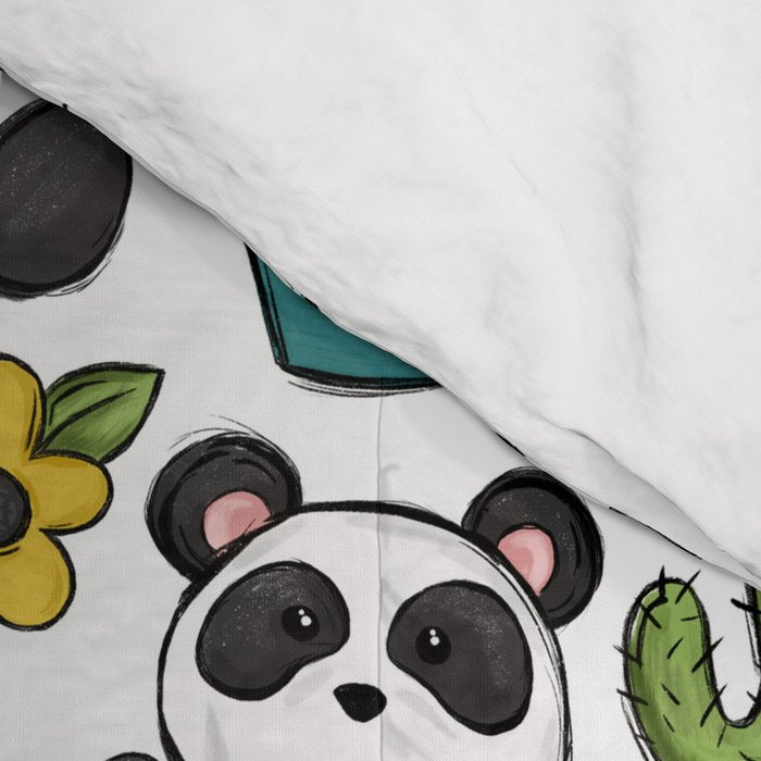 Panda Print, Succulents, Greenery and Cute Pandas, Flowers and Cactus Comforter Gallery Image 4