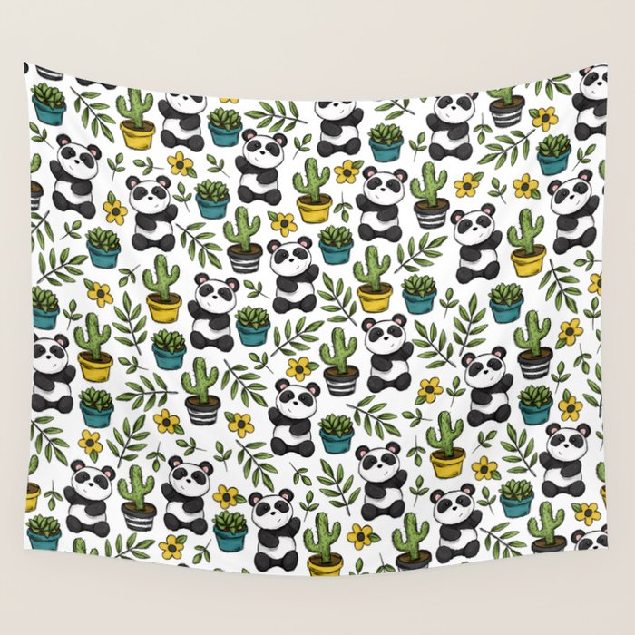 Panda Print, Succulents, Greenery and Cute Pandas, Flowers and Cactus Wall Tapestry Gallery Image 4