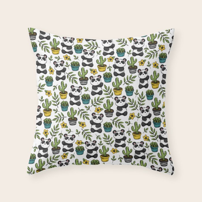 Panda Print, Succulents, Greenery and Cute Pandas, Flowers and Cactus Throw Pillow Gallery Image 6