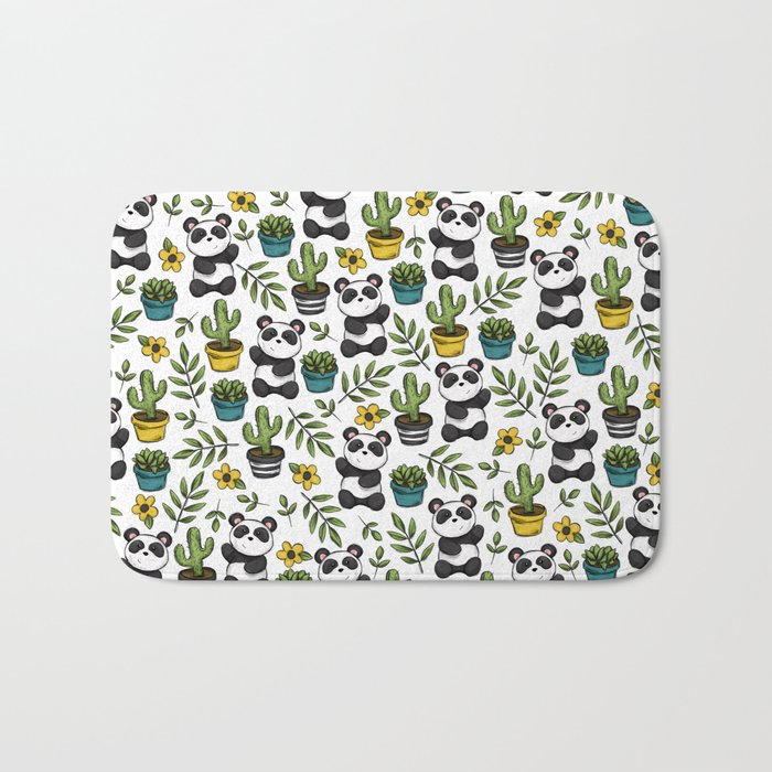 Panda Print, Succulents, Greenery and Cute Pandas, Flowers and Cactus Bath Mat Gallery Image 1