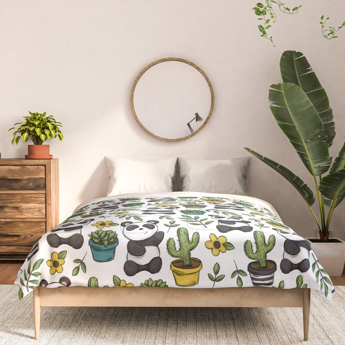 Panda Print, Succulents, Greenery and Cute Pandas, Flowers and Cactus Comforter Gallery Image 3