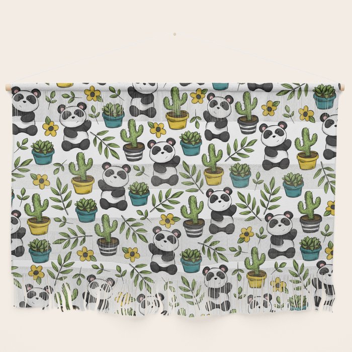 Panda Print, Succulents, Greenery and Cute Pandas, Flowers and Cactus Wall Hanging Gallery Image 1