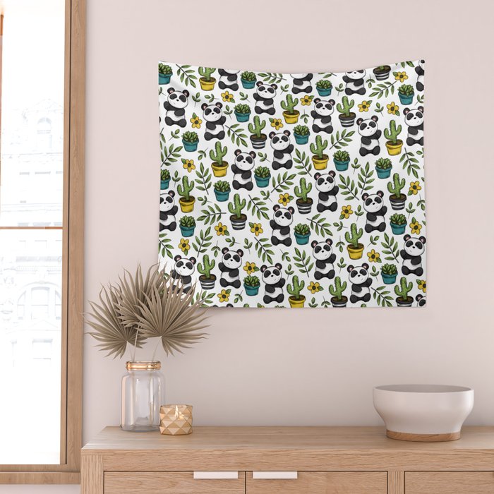 Panda Print, Succulents, Greenery and Cute Pandas, Flowers and Cactus Wall Tapestry Gallery Image 2