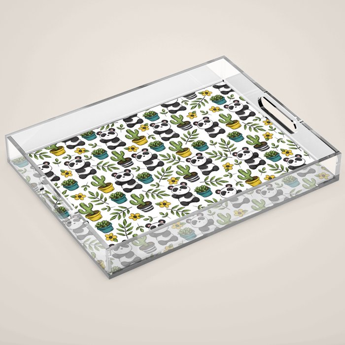 Panda Print, Succulents, Greenery and Cute Pandas, Flowers and Cactus Acrylic Tray Gallery Image 1