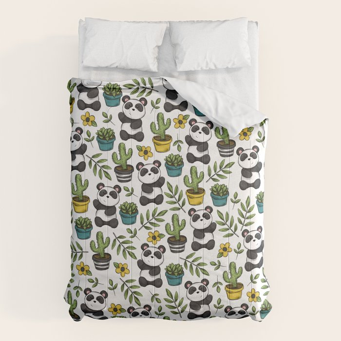 Panda Print, Succulents, Greenery and Cute Pandas, Flowers and Cactus Comforter Gallery Image 6