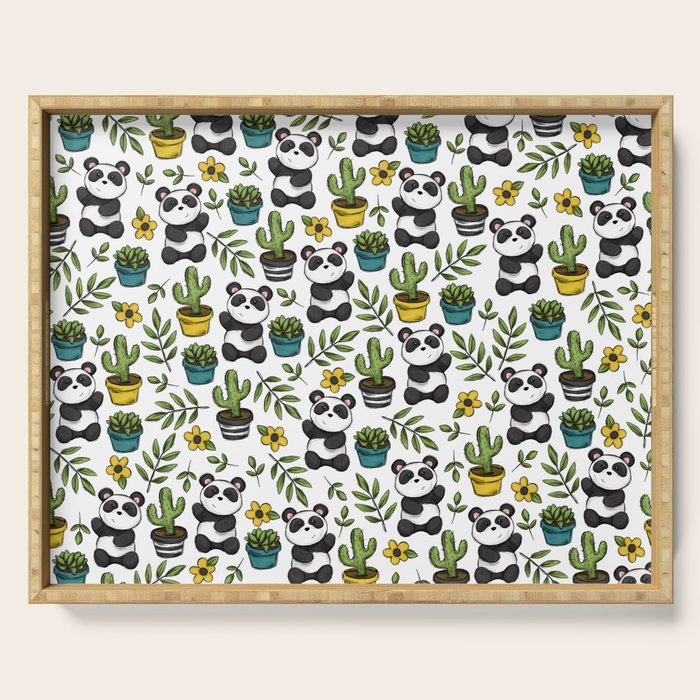 Panda Print, Succulents, Greenery and Cute Pandas, Flowers and Cactus Serving Tray Gallery Image 1