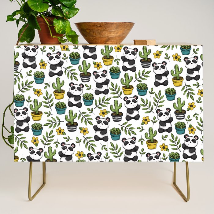 Panda Print, Succulents, Greenery and Cute Pandas, Flowers and Cactus Credenza Gallery Image 1
