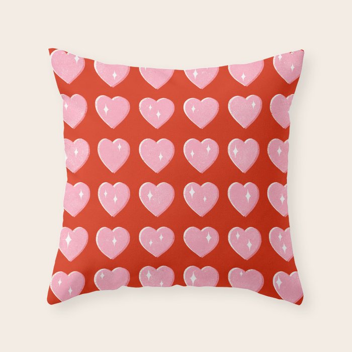 Love Hearts - pink hearts on red Throw Pillow Gallery Image 6