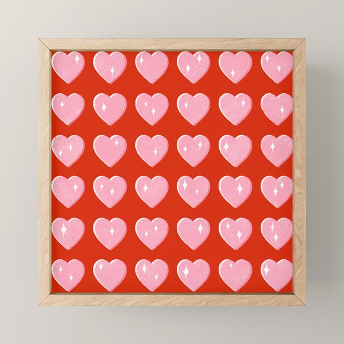 Love Hearts - pink hearts on red Mini Art Print Gallery Image 1