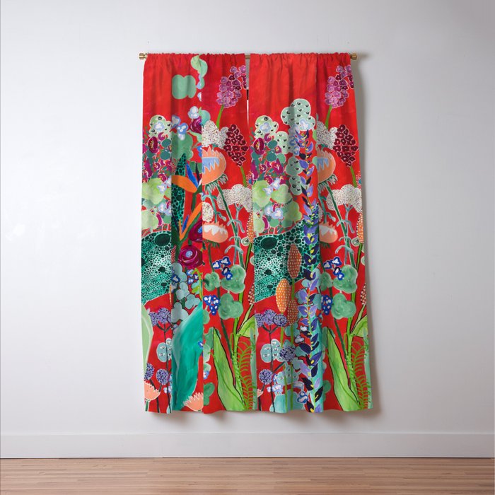 Red floral Jungle Garden Botanical featuring Proteas, Reeds, Eucalyptus, Ferns and Birds of Paradise Window Curtain Gallery Image 3
